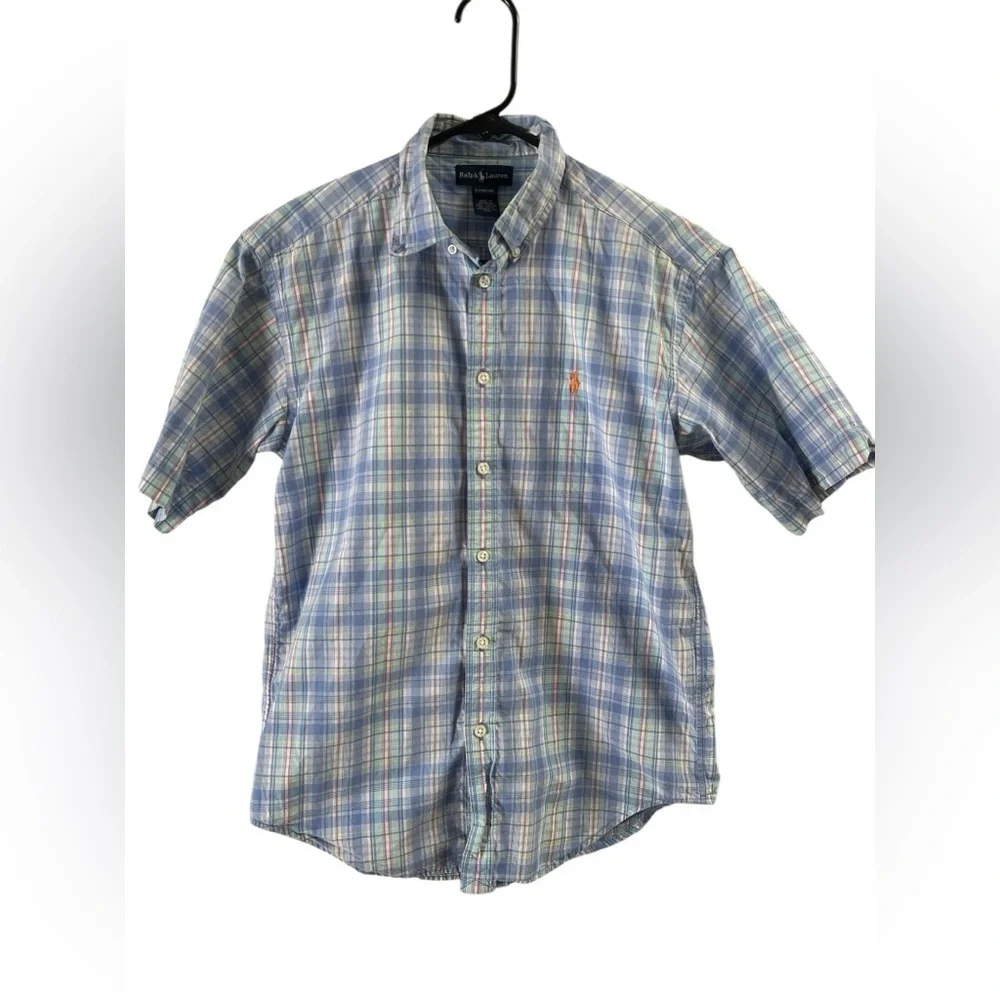 Ralph Lauren blue plaid short sleeve button down shirt
